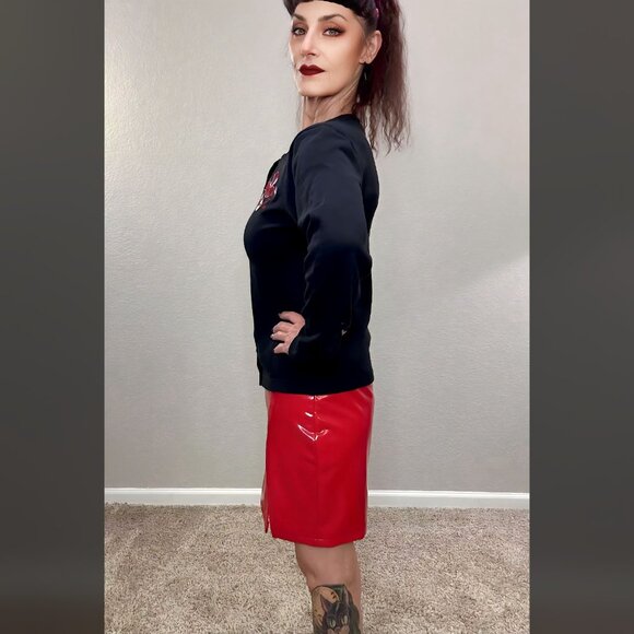 NWOT Y2K Red PU Skirt High Slit Punk Metal Fetish Dolls Kill Mini Stretch Sexy L - Picture 4 of 12